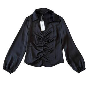 SHEIN BIZwear Ruched Front Lantern Sleeve Satin Blouse Workwear Black Large NEW